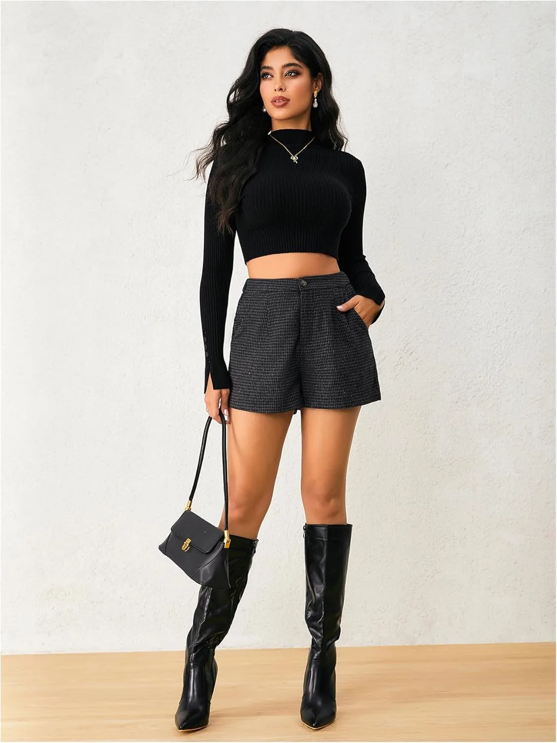 MakeMeChic Women's Elegant Plaid Shorts High Waisted Zipper Wide Leg Mini Dressy Work Office Casual Shorts