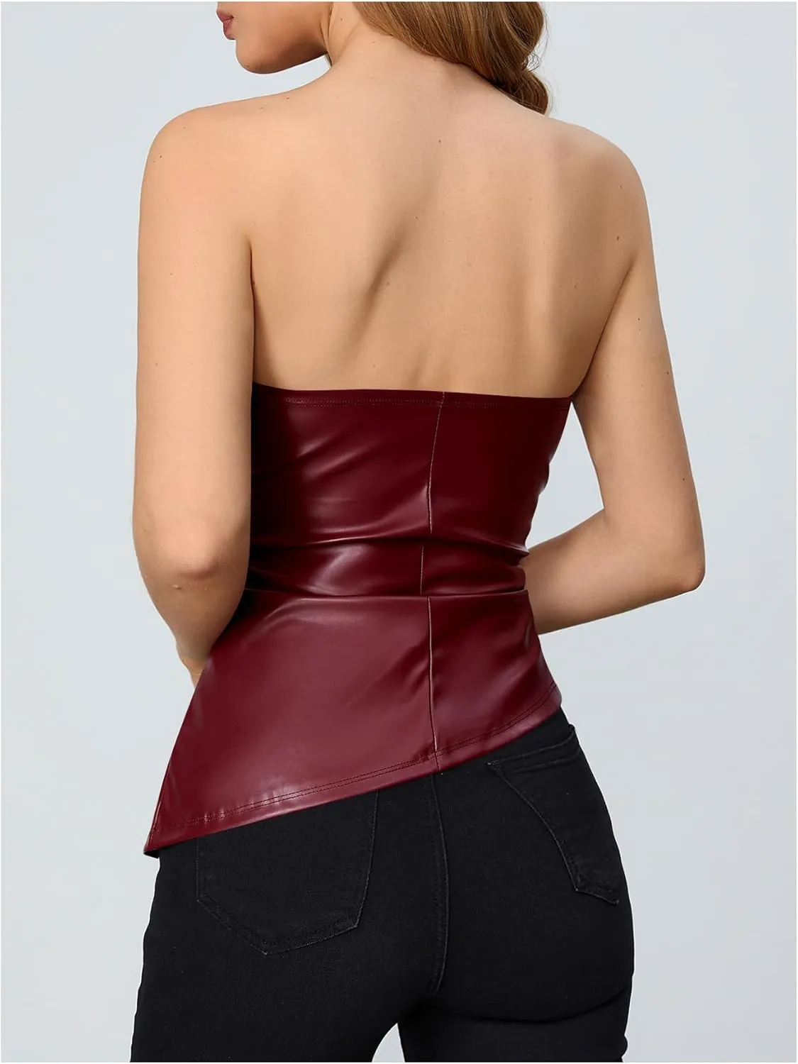 MakeMeChic Women's Faux Leather Strapless Tube Tops Asymmetrical Ruched Backless Corset Crop Going Out Tops