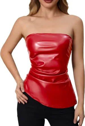 MakeMeChic Women's Faux Leather Strapless Tube Tops Asymmetrical Ruched Backless Corset Crop Going Out Tops