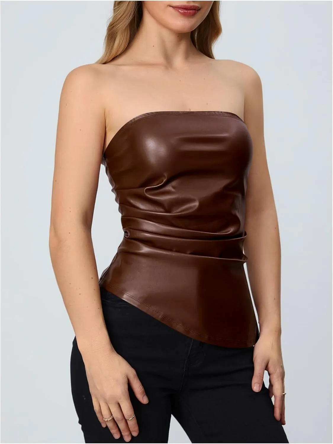 MakeMeChic Women's Faux Leather Strapless Tube Tops Asymmetrical Ruched Backless Corset Crop Going Out Tops