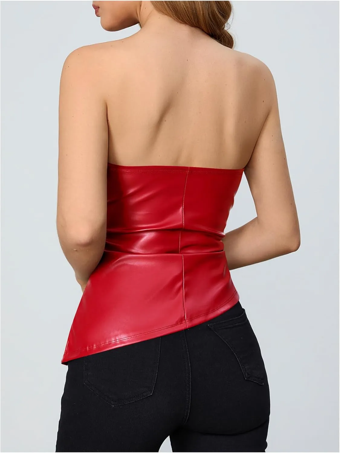 MakeMeChic Women's Faux Leather Strapless Tube Tops Asymmetrical Ruched Backless Corset Crop Going Out Tops