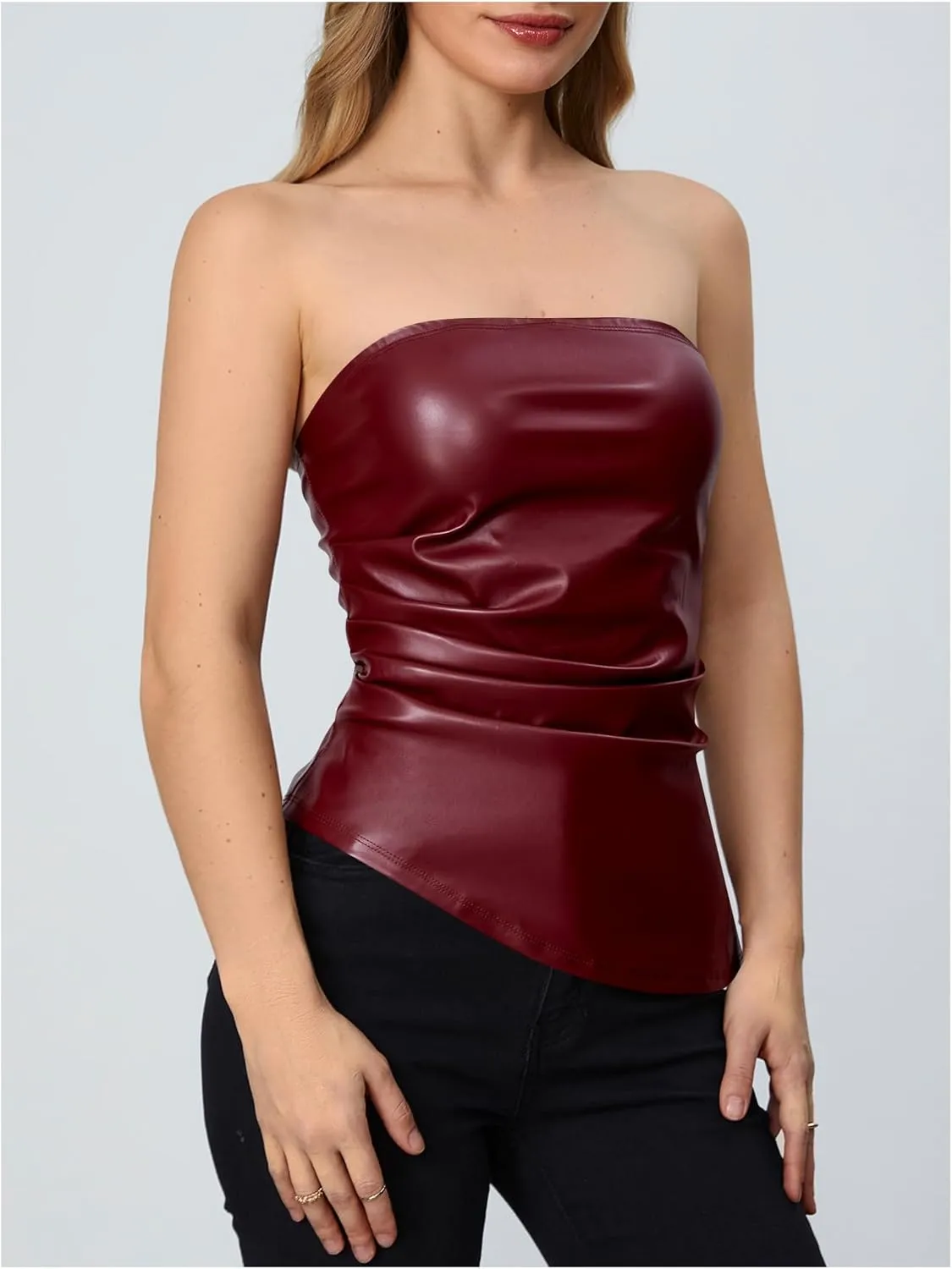 MakeMeChic Women's Faux Leather Strapless Tube Tops Asymmetrical Ruched Backless Corset Crop Going Out Tops