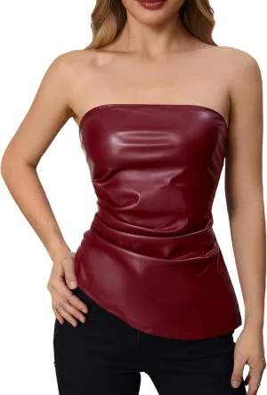 MakeMeChic Women's Faux Leather Strapless Tube Tops Asymmetrical Ruched Backless Corset Crop Going Out Tops
