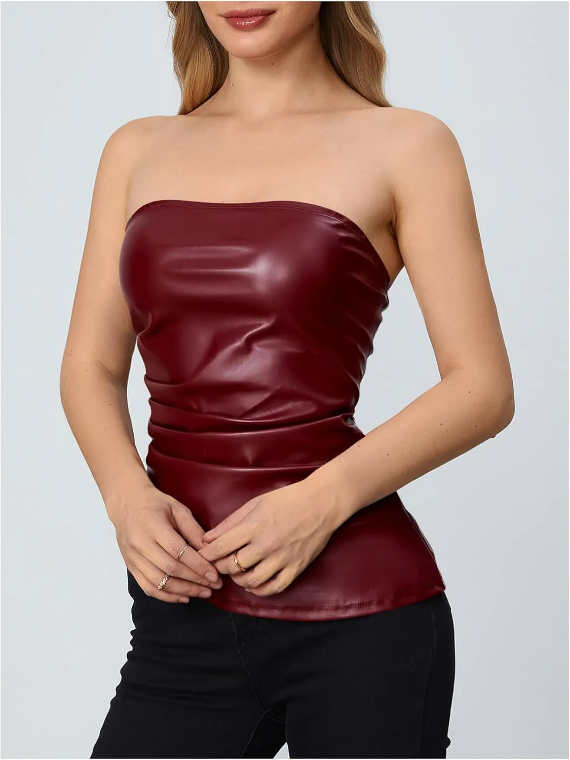 MakeMeChic Women's Faux Leather Strapless Tube Tops Asymmetrical Ruched Backless Corset Crop Going Out Tops