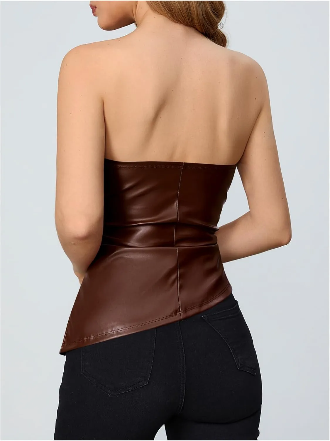 MakeMeChic Women's Faux Leather Strapless Tube Tops Asymmetrical Ruched Backless Corset Crop Going Out Tops