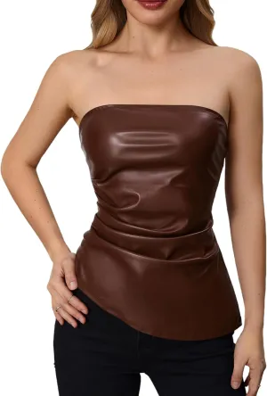 MakeMeChic Women's Faux Leather Strapless Tube Tops Asymmetrical Ruched Backless Corset Crop Going Out Tops