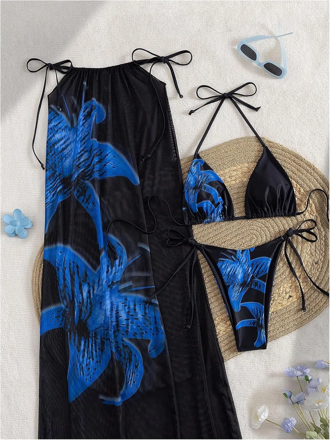 MakeMeChic Women's Halter Triangle Bikini Sets Floral 3 Piece Swimsuit Bathing Suit Cover Up Long Skirt