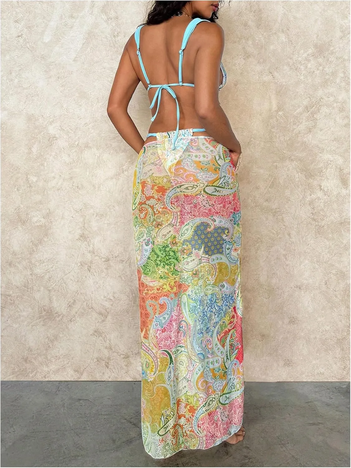 MakeMeChic Women's Halter Triangle Bikini Sets Floral 3 Piece Swimsuit Bathing Suit Cover Up Long Skirt