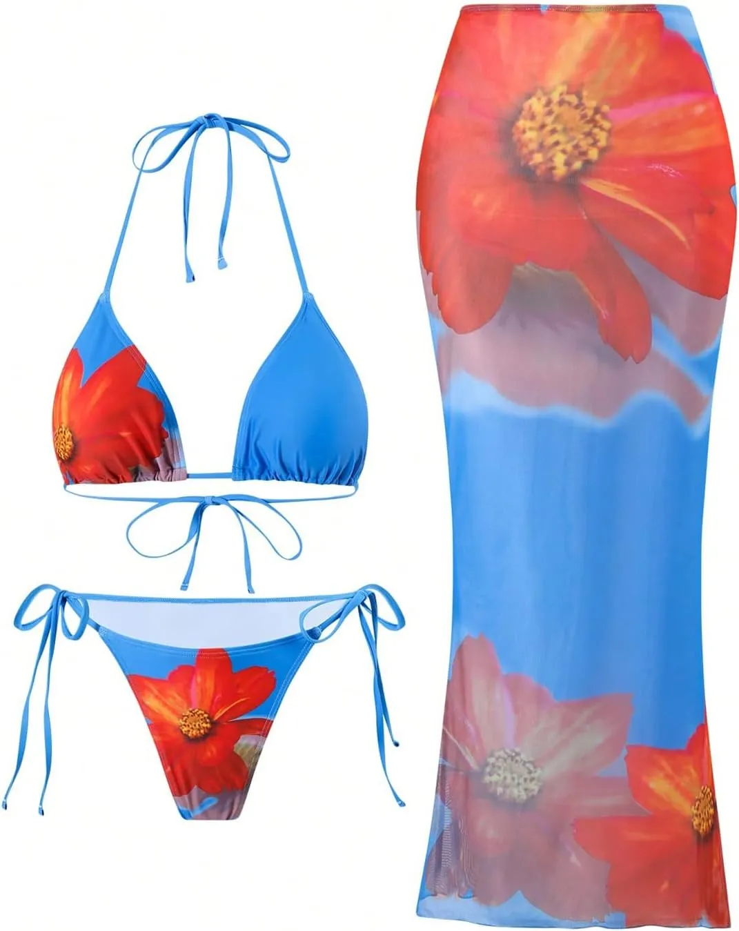 MakeMeChic Women's Halter Triangle Bikini Sets Floral 3 Piece Swimsuit Bathing Suit Cover Up Long Skirt