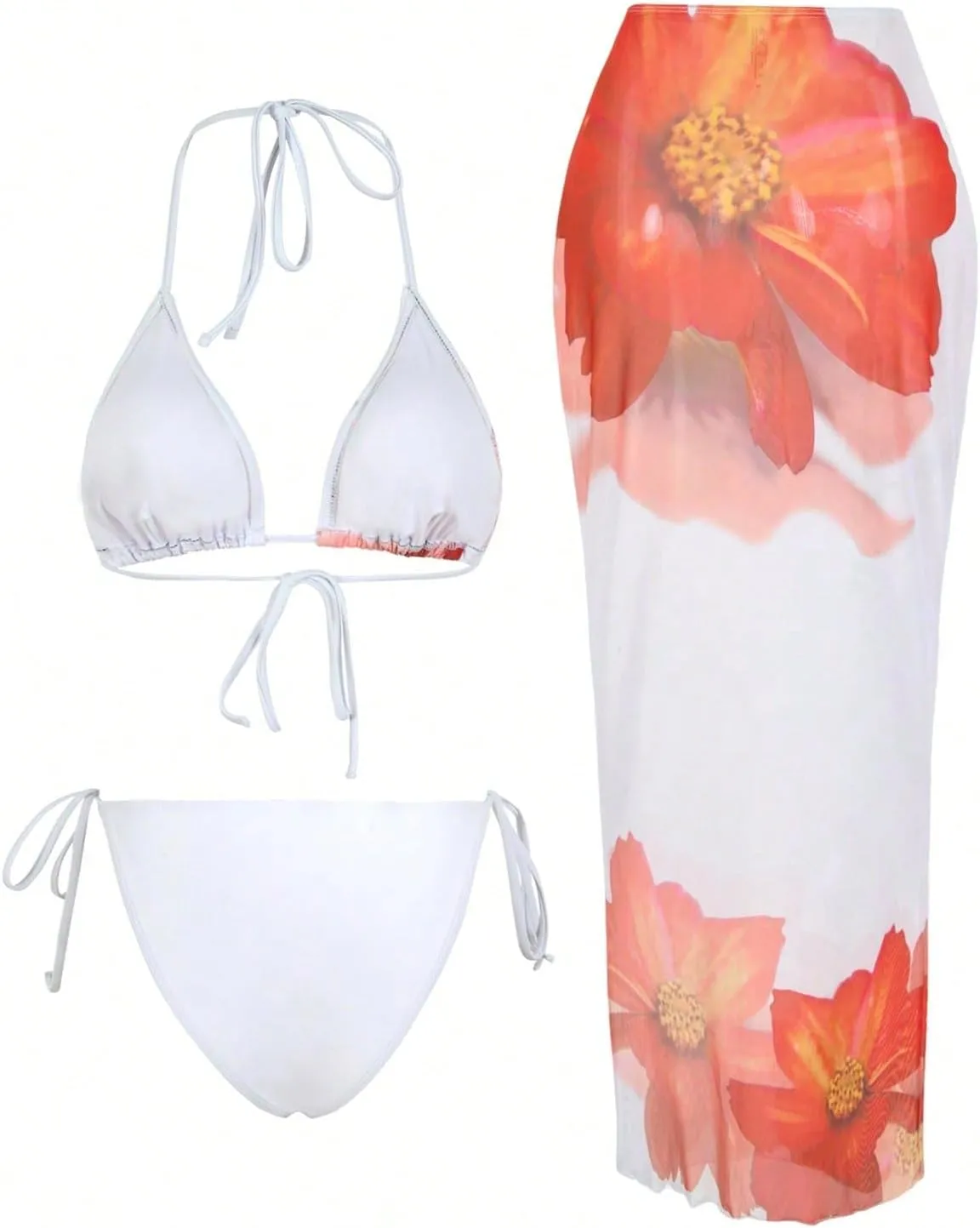 MakeMeChic Women's Halter Triangle Bikini Sets Floral 3 Piece Swimsuit Bathing Suit Cover Up Long Skirt