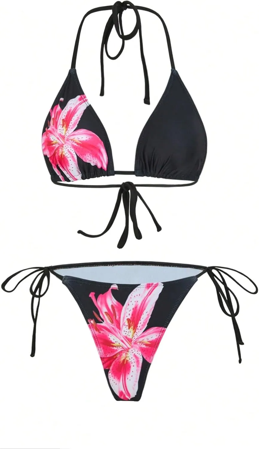 MakeMeChic Women's Halter Triangle Bikini Sets Floral 3 Piece Swimsuit Bathing Suit Cover Up Long Skirt