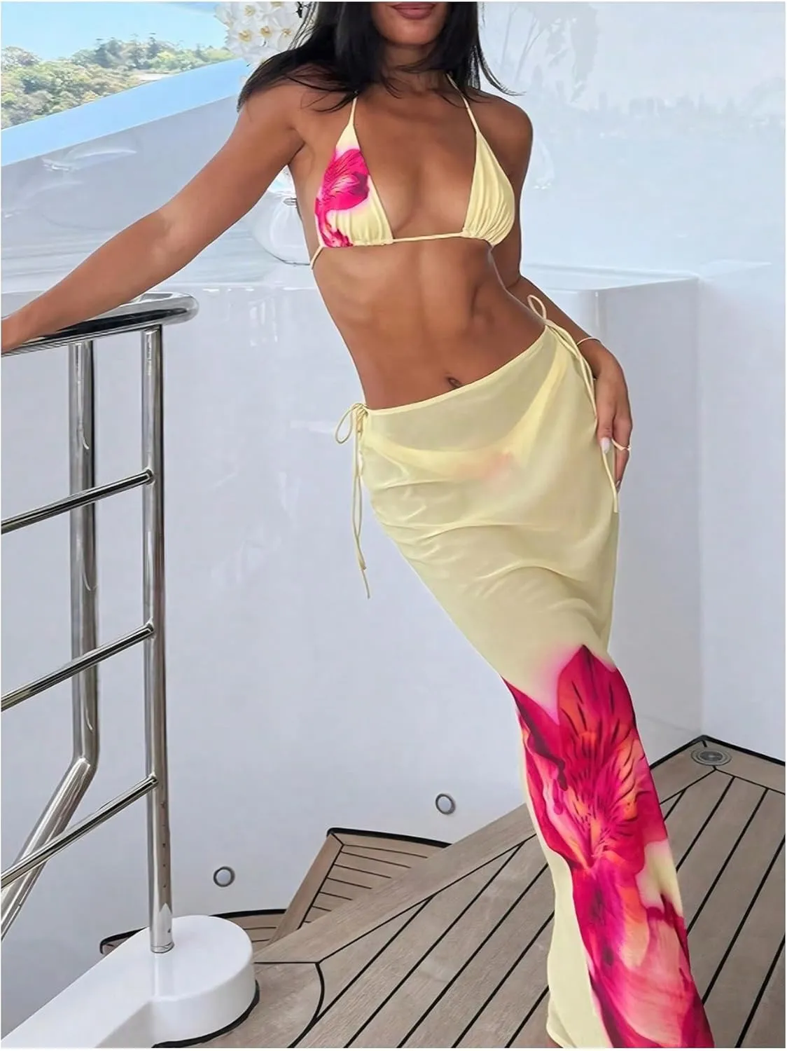 MakeMeChic Women's Halter Triangle Bikini Sets Floral 3 Piece Swimsuit Bathing Suit Cover Up Long Skirt