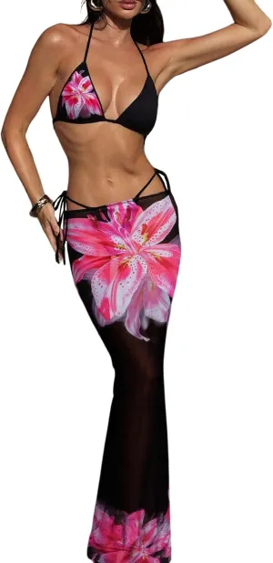 MakeMeChic Women's Halter Triangle Bikini Sets Floral 3 Piece Swimsuit Bathing Suit Cover Up Long Skirt