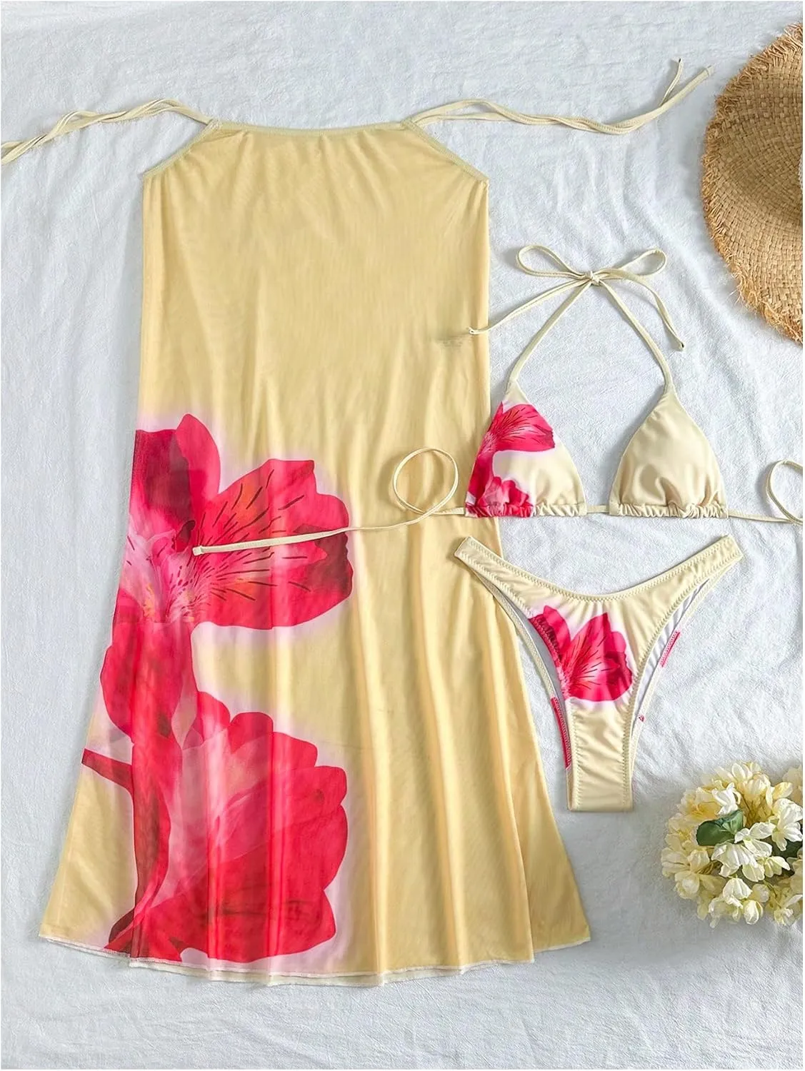 MakeMeChic Women's Halter Triangle Bikini Sets Floral 3 Piece Swimsuit Bathing Suit Cover Up Long Skirt