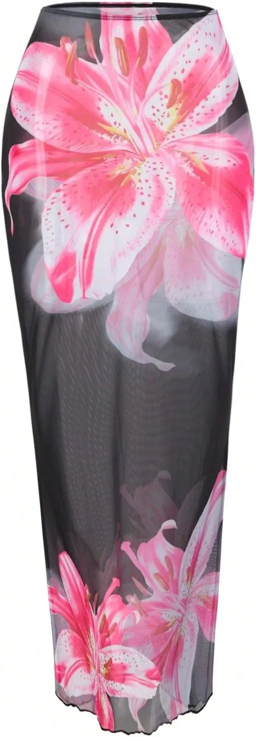 MakeMeChic Women's Halter Triangle Bikini Sets Floral 3 Piece Swimsuit Bathing Suit Cover Up Long Skirt