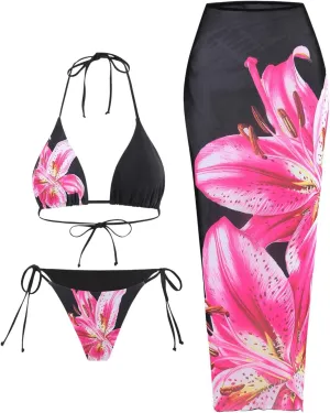 MakeMeChic Women's Halter Triangle Bikini Sets Floral 3 Piece Swimsuit Bathing Suit Cover Up Long Skirt