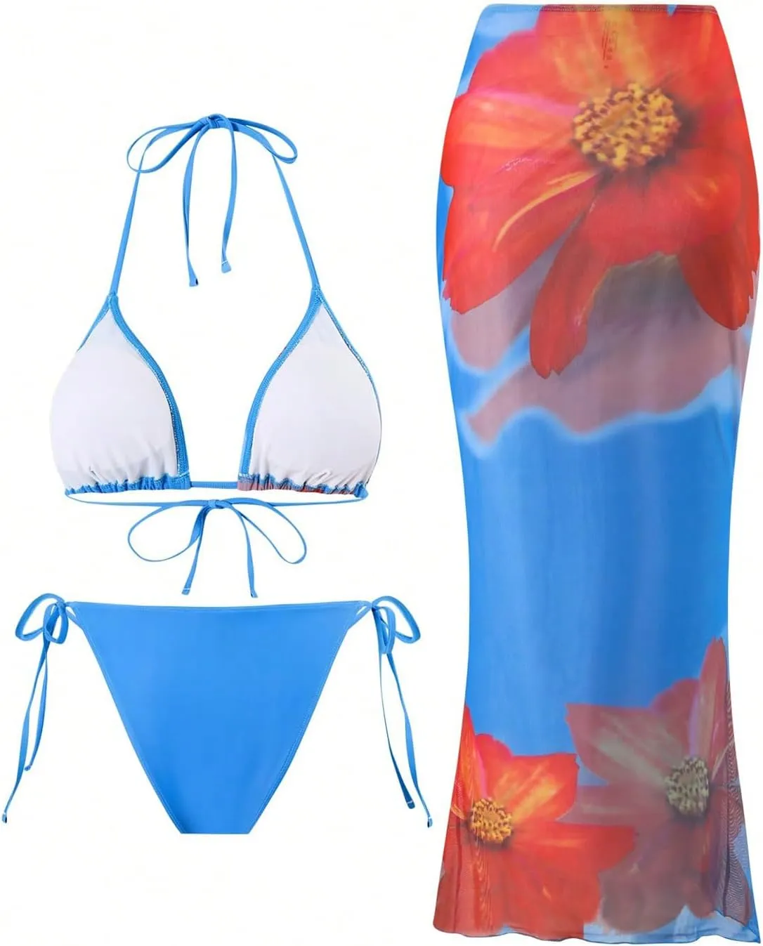 MakeMeChic Women's Halter Triangle Bikini Sets Floral 3 Piece Swimsuit Bathing Suit Cover Up Long Skirt