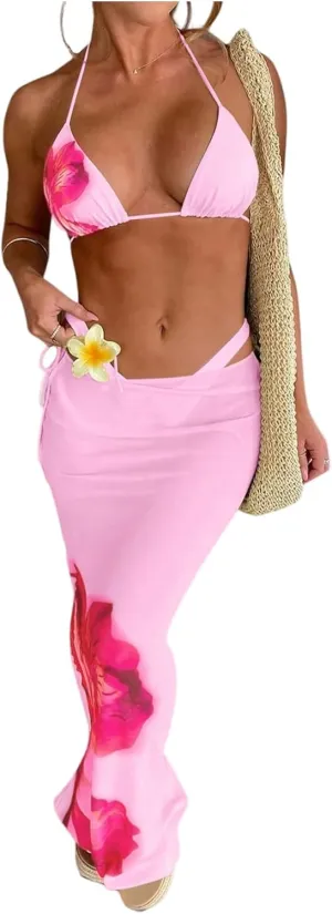MakeMeChic Women's Halter Triangle Bikini Sets Floral 3 Piece Swimsuit Bathing Suit Cover Up Long Skirt