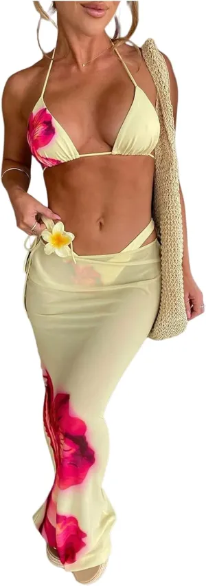 MakeMeChic Women's Halter Triangle Bikini Sets Floral 3 Piece Swimsuit Bathing Suit Cover Up Long Skirt