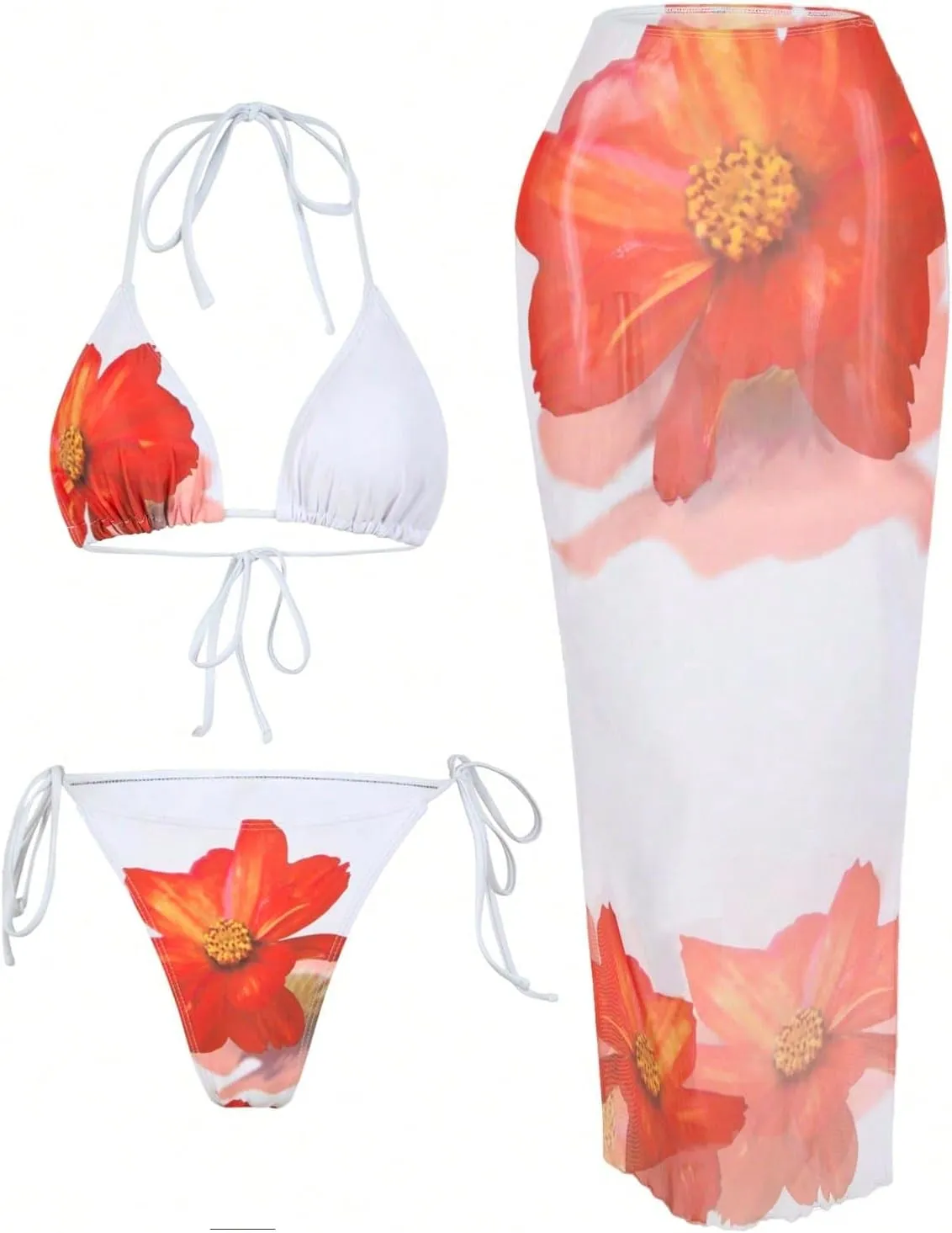 MakeMeChic Women's Halter Triangle Bikini Sets Floral 3 Piece Swimsuit Bathing Suit Cover Up Long Skirt