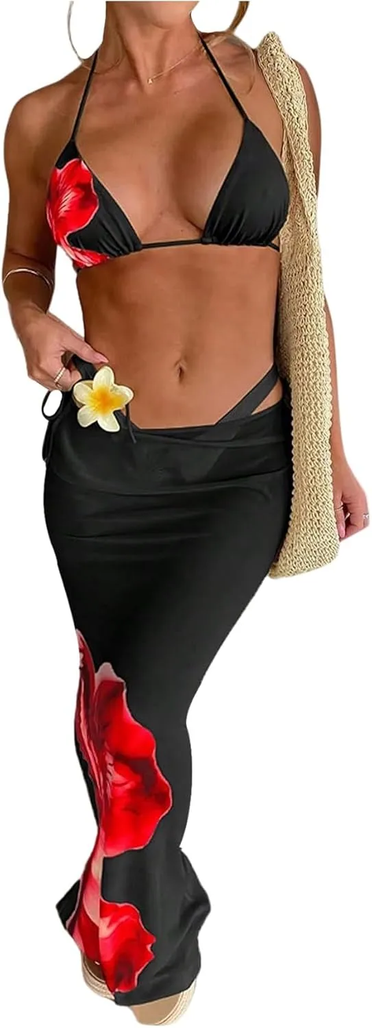 MakeMeChic Women's Halter Triangle Bikini Sets Floral 3 Piece Swimsuit Bathing Suit Cover Up Long Skirt