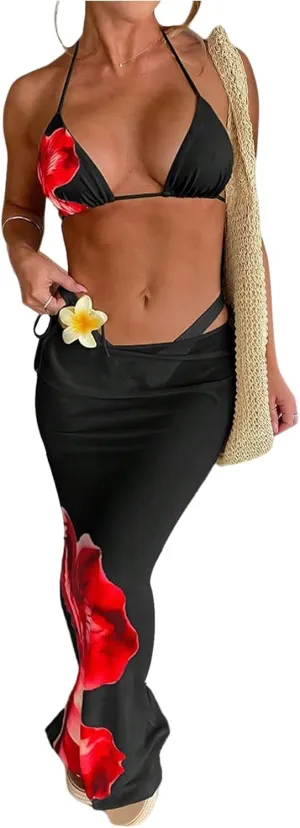 MakeMeChic Women's Halter Triangle Bikini Sets Floral 3 Piece Swimsuit Bathing Suit Cover Up Long Skirt