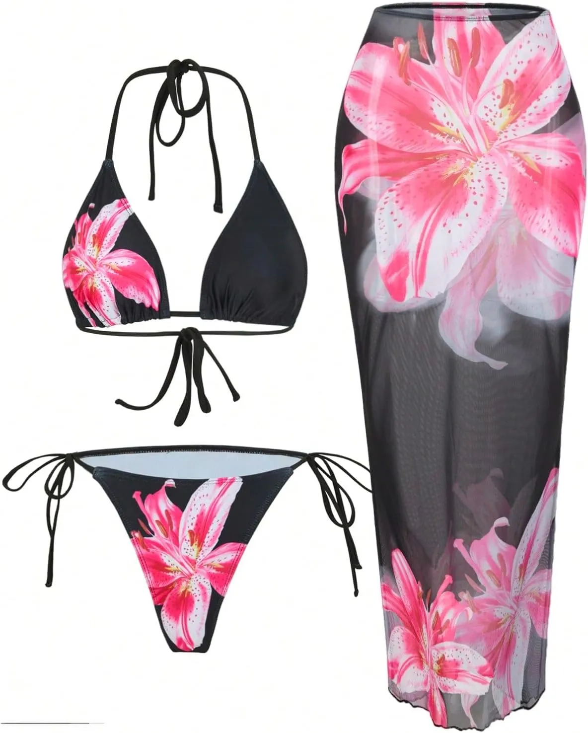 MakeMeChic Women's Halter Triangle Bikini Sets Floral 3 Piece Swimsuit Bathing Suit Cover Up Long Skirt
