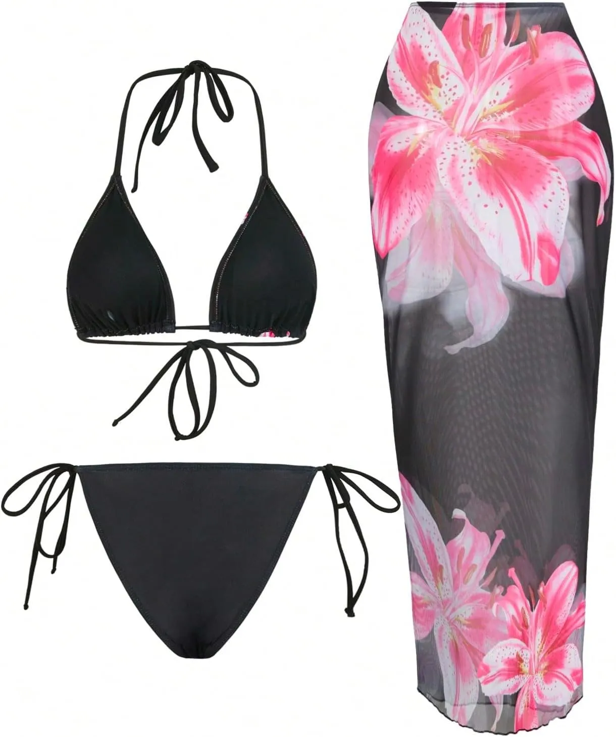MakeMeChic Women's Halter Triangle Bikini Sets Floral 3 Piece Swimsuit Bathing Suit Cover Up Long Skirt