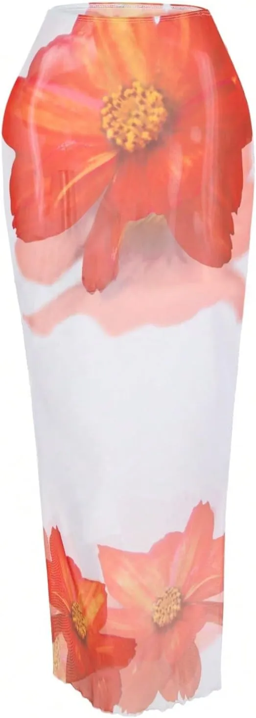 MakeMeChic Women's Halter Triangle Bikini Sets Floral 3 Piece Swimsuit Bathing Suit Cover Up Long Skirt
