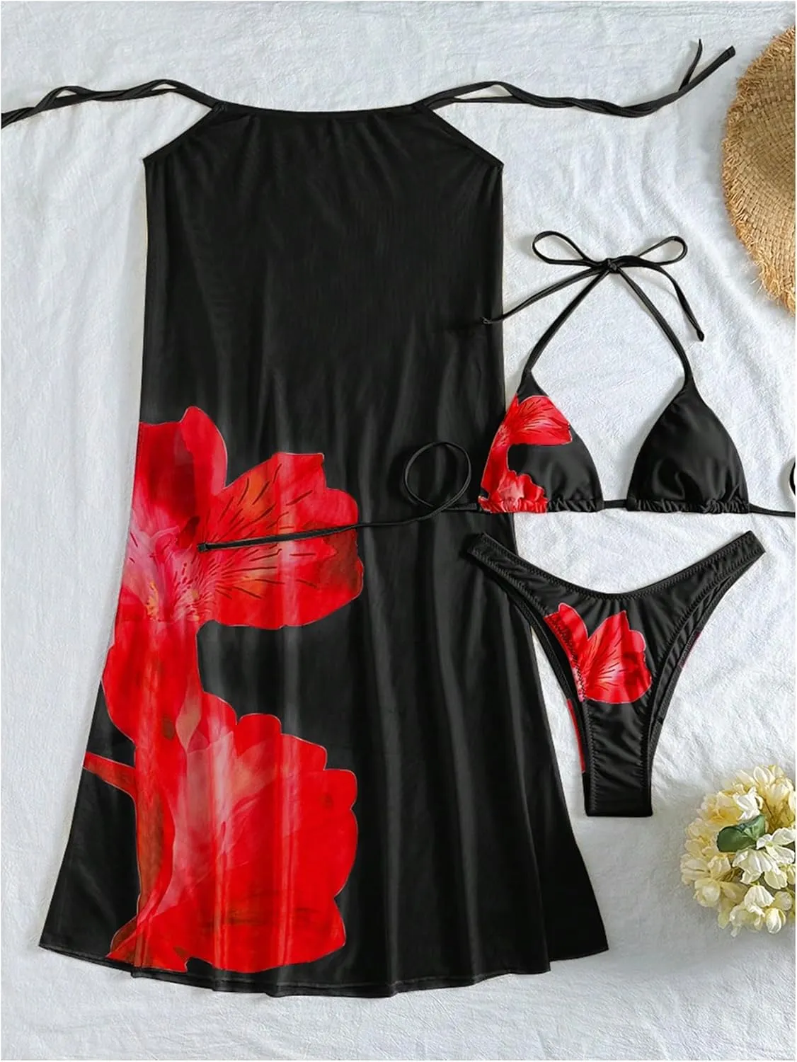 MakeMeChic Women's Halter Triangle Bikini Sets Floral 3 Piece Swimsuit Bathing Suit Cover Up Long Skirt