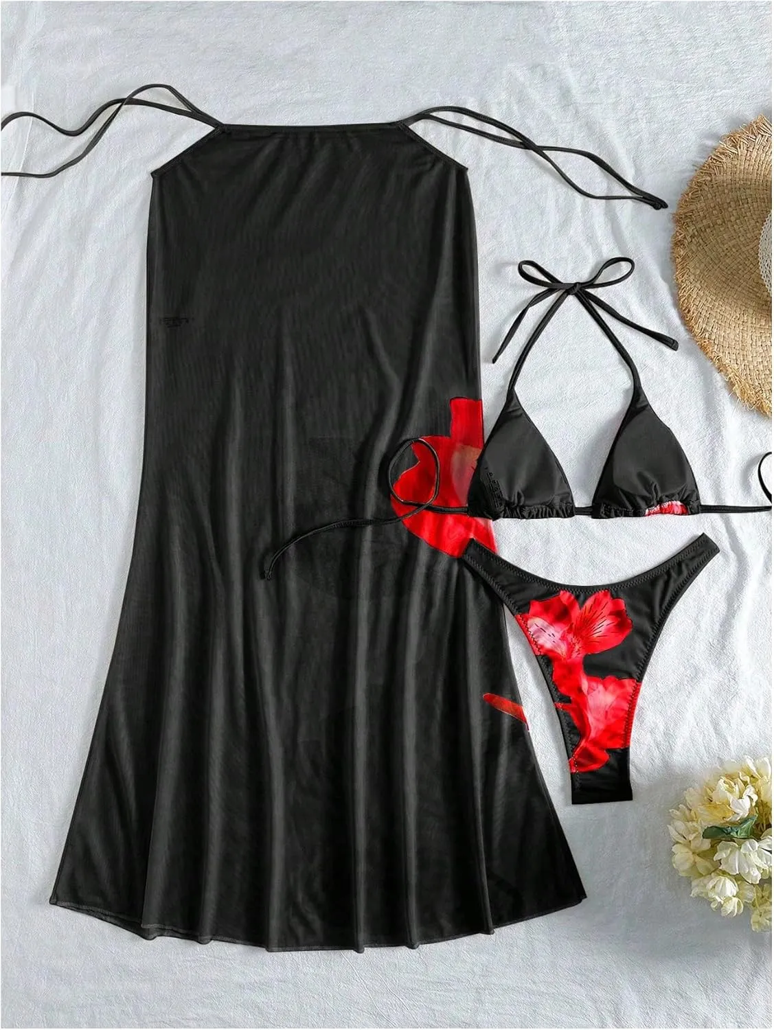 MakeMeChic Women's Halter Triangle Bikini Sets Floral 3 Piece Swimsuit Bathing Suit Cover Up Long Skirt