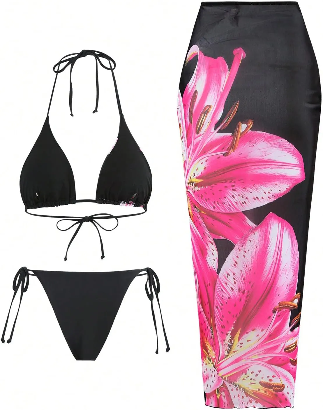 MakeMeChic Women's Halter Triangle Bikini Sets Floral 3 Piece Swimsuit Bathing Suit Cover Up Long Skirt