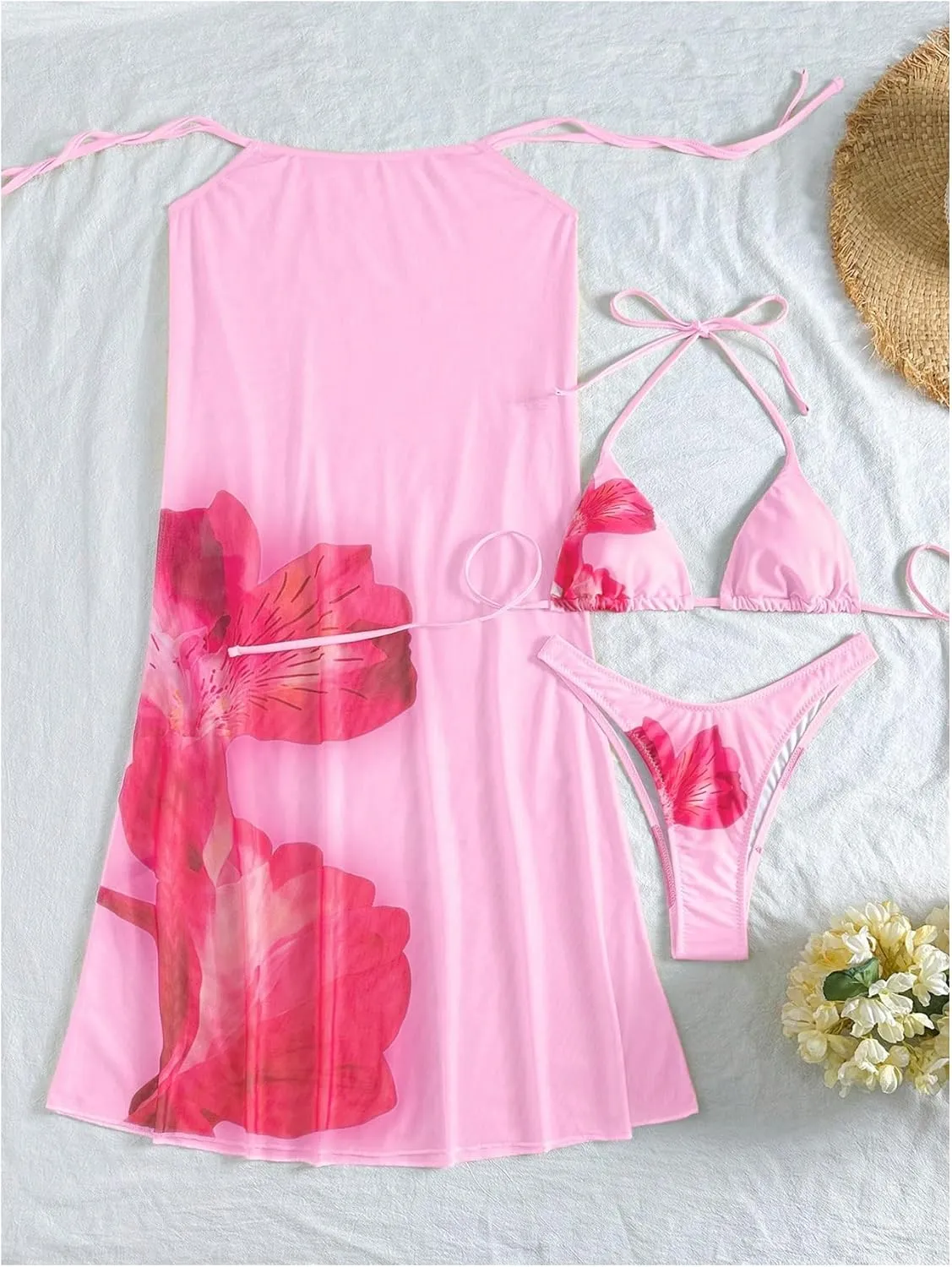 MakeMeChic Women's Halter Triangle Bikini Sets Floral 3 Piece Swimsuit Bathing Suit Cover Up Long Skirt