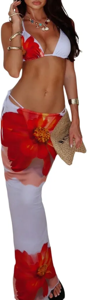 MakeMeChic Women's Halter Triangle Bikini Sets Floral 3 Piece Swimsuit Bathing Suit Cover Up Long Skirt