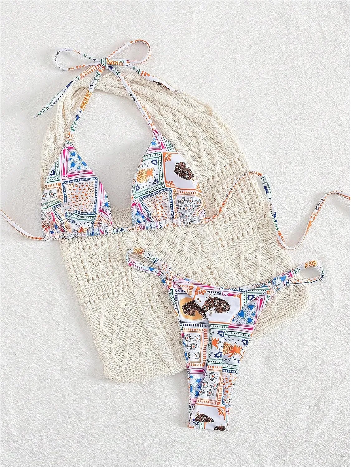 MakeMeChic Women's Halter Triangle Thong Bikini Sets High Cut Swimsuit Bathing Suit Swimwear