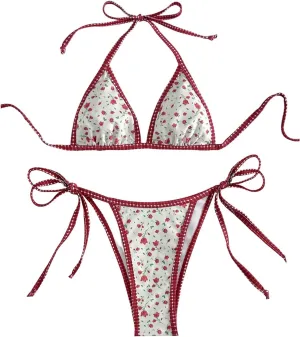 MakeMeChic Women's Halter Triangle Thong Bikini Sets High Cut Swimsuit Bathing Suit Swimwear