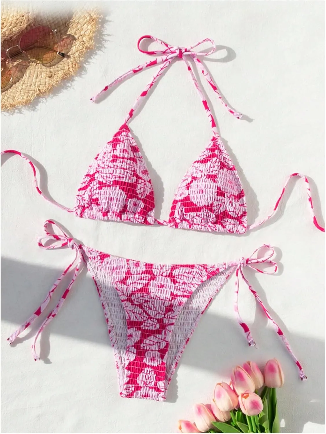 MakeMeChic Women's Halter Triangle Thong Bikini Sets High Cut Swimsuit Bathing Suit Swimwear