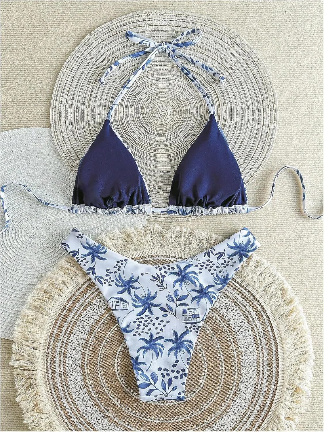 MakeMeChic Women's Halter Triangle Thong Bikini Sets High Cut Swimsuit Bathing Suit Swimwear