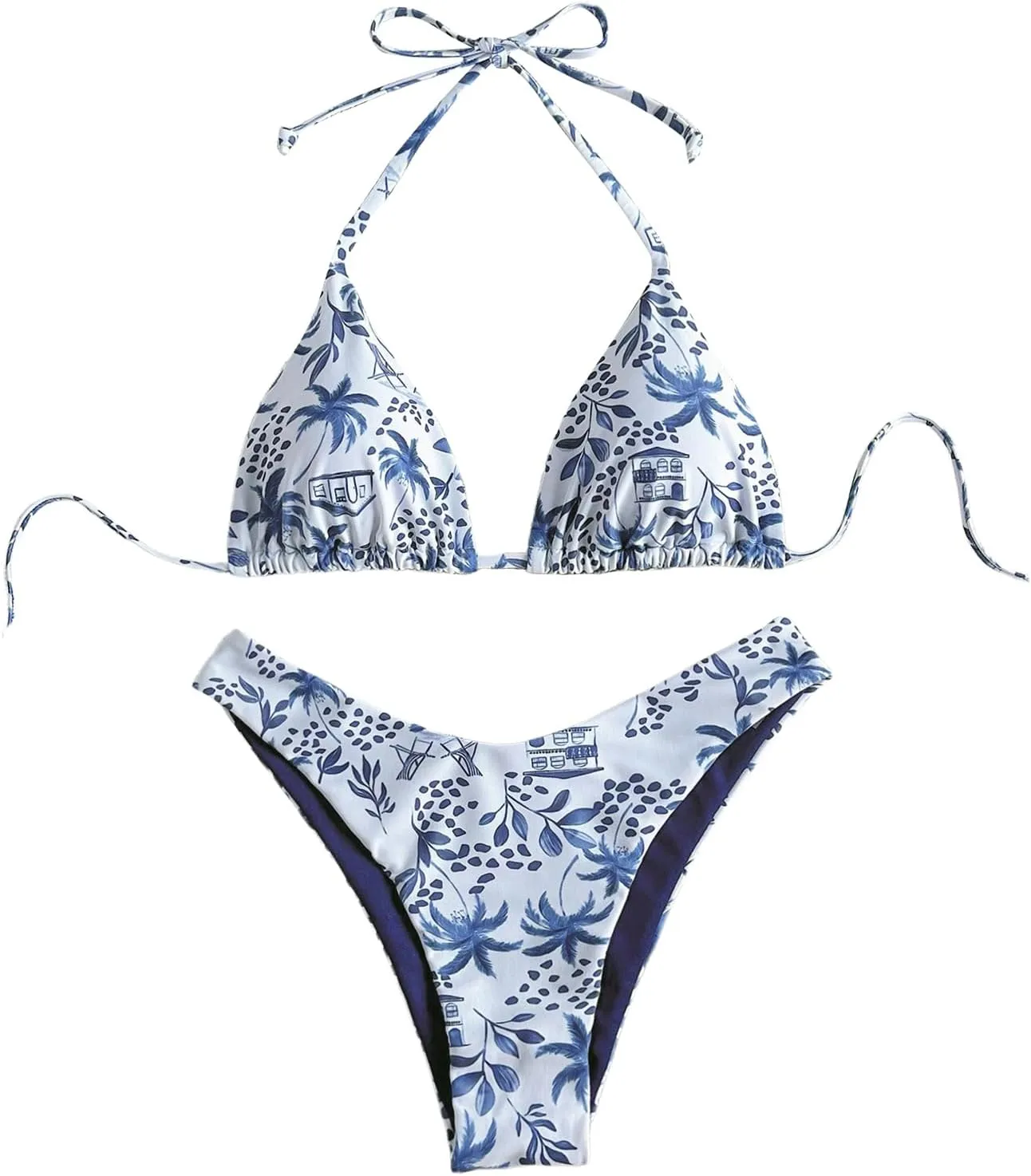 MakeMeChic Women's Halter Triangle Thong Bikini Sets High Cut Swimsuit Bathing Suit Swimwear