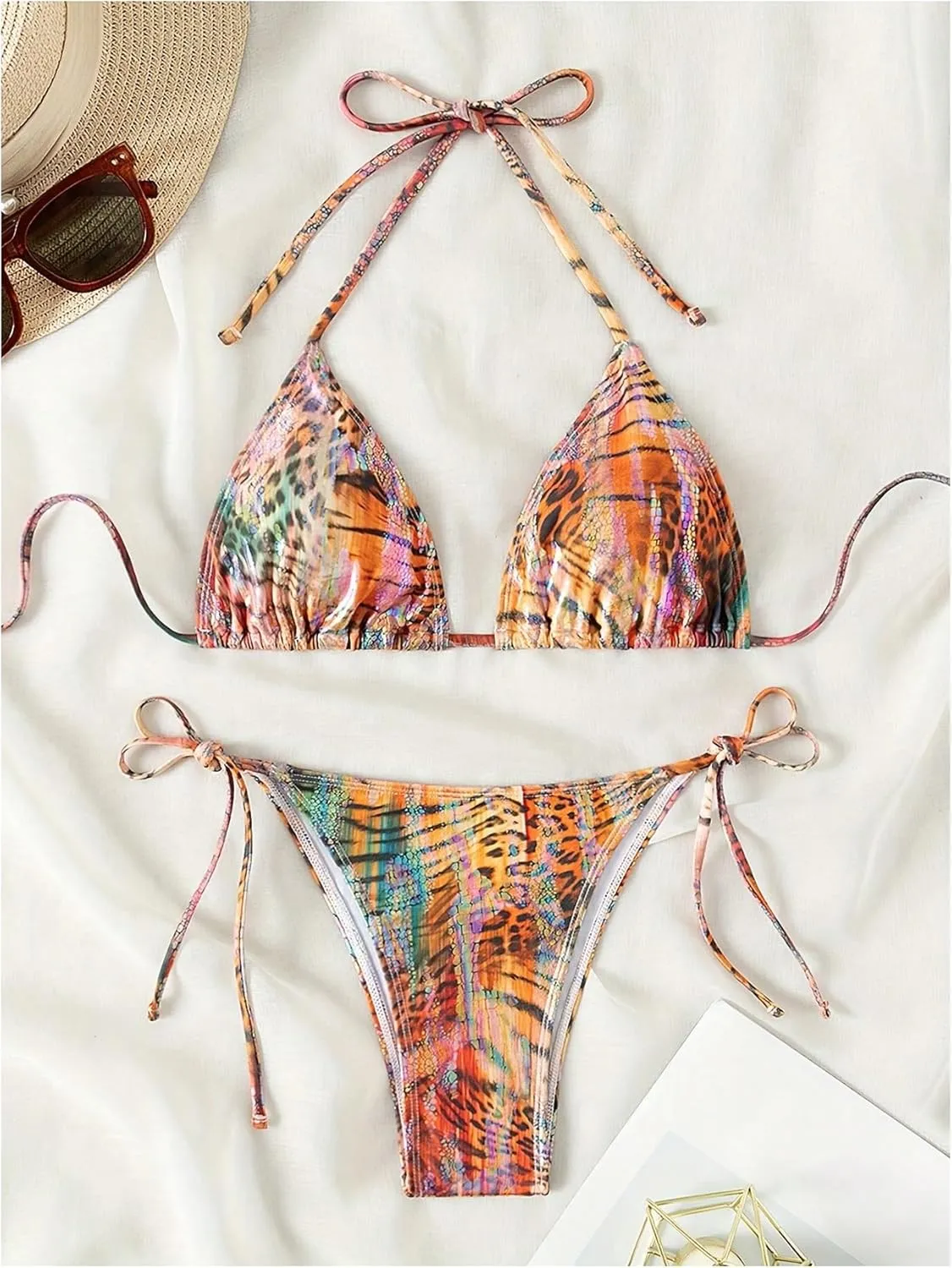 MakeMeChic Women's Halter Triangle Thong Bikini Sets High Cut Swimsuit Bathing Suit Swimwear