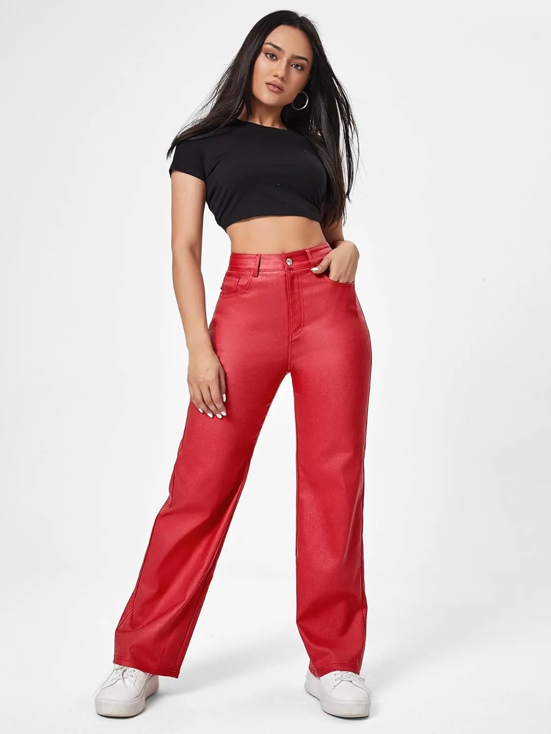 MakeMeChic Women's High Waist Pockets Straight Leg Jeans Leather Look Pants
