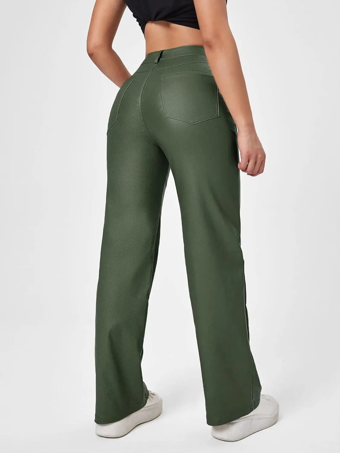 MakeMeChic Women's High Waist Pockets Straight Leg Jeans Leather Look Pants