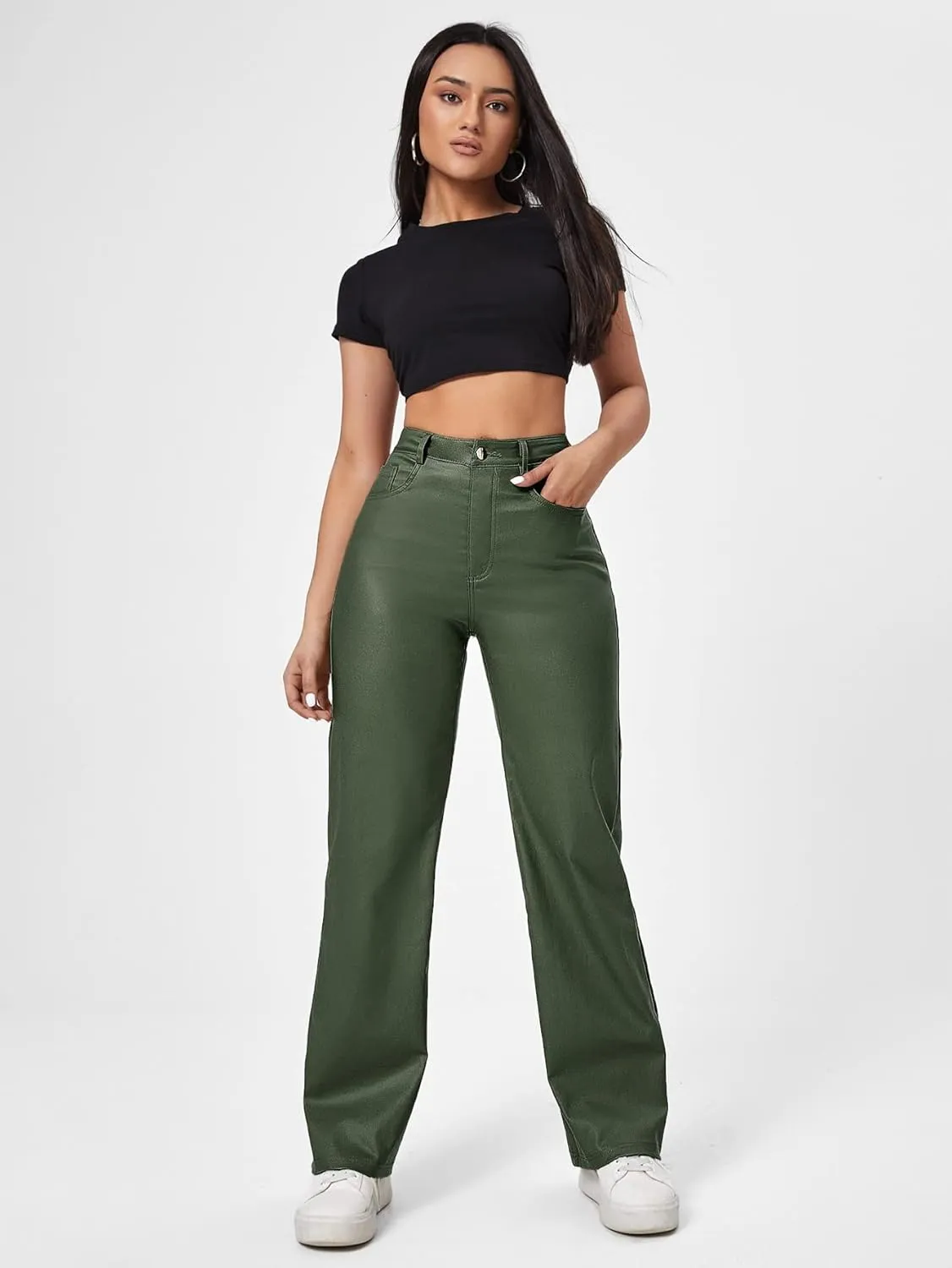 MakeMeChic Women's High Waist Pockets Straight Leg Jeans Leather Look Pants