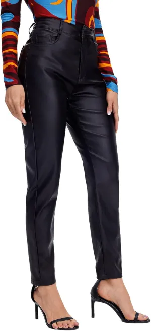 MakeMeChic Women's High Waist Pockets Straight Leg Jeans Leather Look Pants