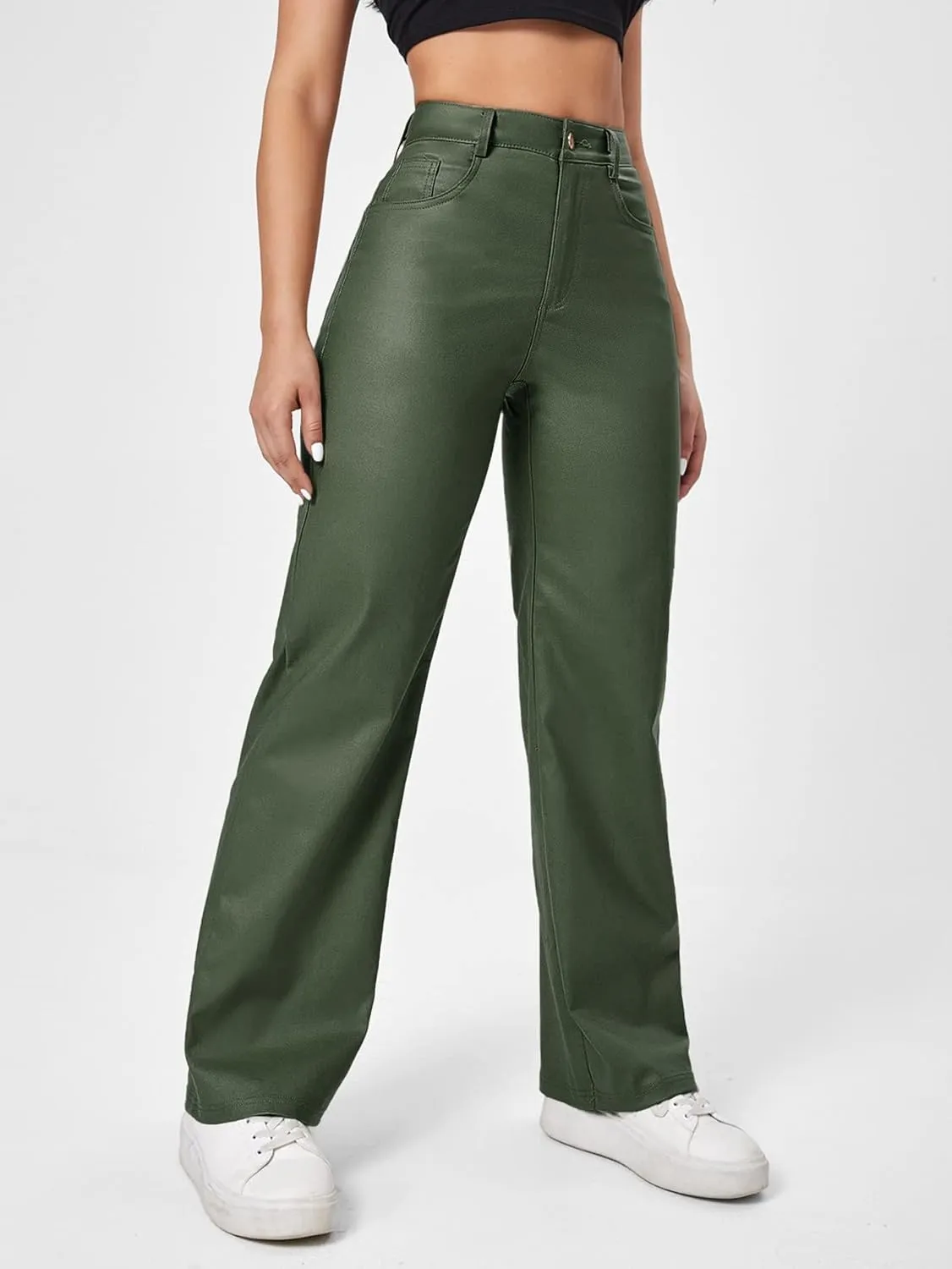MakeMeChic Women's High Waist Pockets Straight Leg Jeans Leather Look Pants