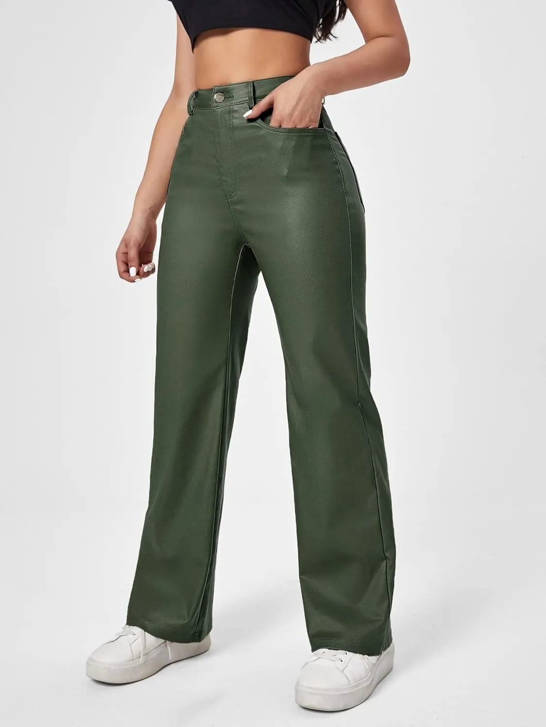 MakeMeChic Women's High Waist Pockets Straight Leg Jeans Leather Look Pants