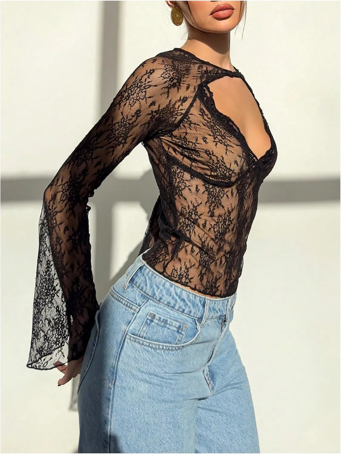 MakeMeChic Women's Lace Sheer Top Y2k Bell Sleeve Cut Out T Shirt Fitted Crop Tops