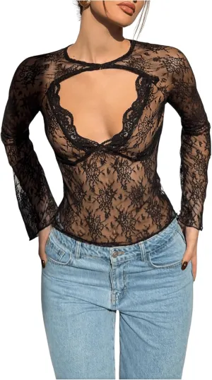 MakeMeChic Women's Lace Sheer Top Y2k Bell Sleeve Cut Out T Shirt Fitted Crop Tops