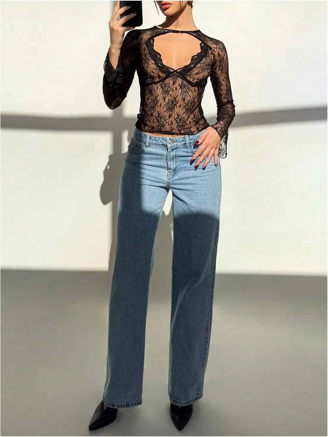 MakeMeChic Women's Lace Sheer Top Y2k Bell Sleeve Cut Out T Shirt Fitted Crop Tops