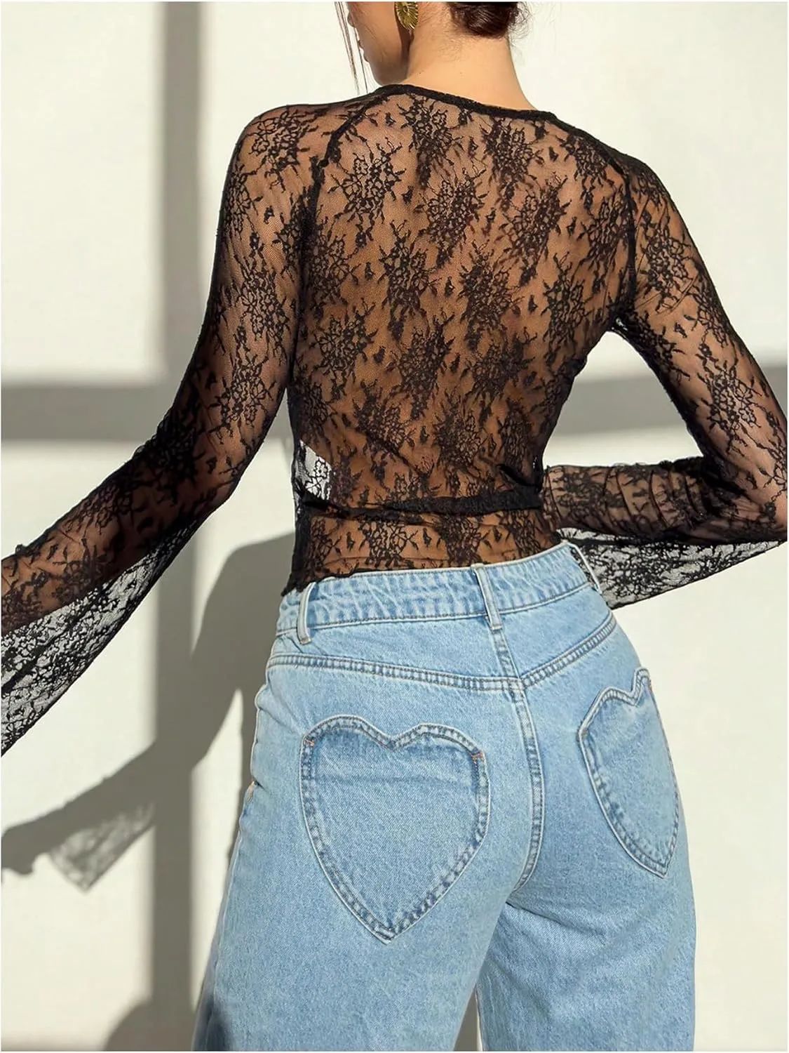MakeMeChic Women's Lace Sheer Top Y2k Bell Sleeve Cut Out T Shirt Fitted Crop Tops